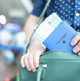 A person holding a blue passport in a green handbag.